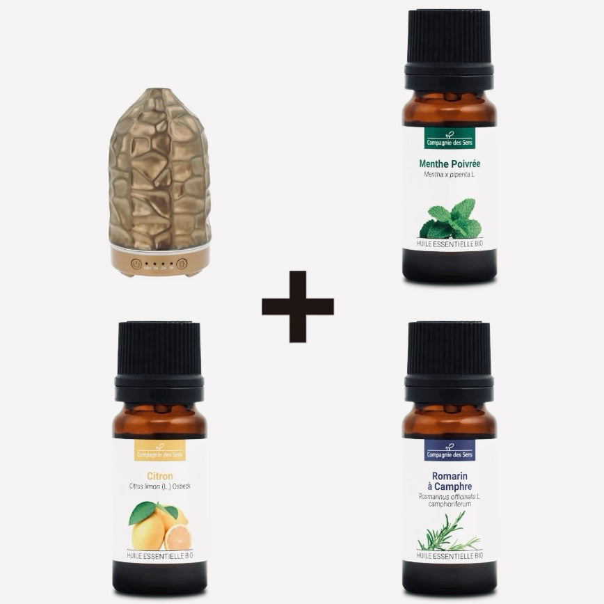 Pack Promo ÉNERGIE & CONCENTRATION – Diffuseur + 3 huiles BIO